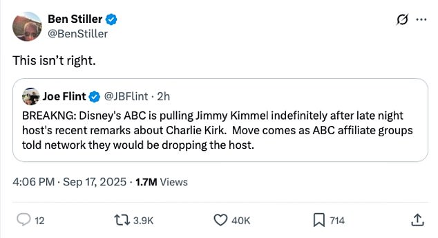 A number of stars also shared their reactions to Kimmel's axing. After learning the news, actor Ben Stiller, 59, wrote on Twitter: 'This isn't right'