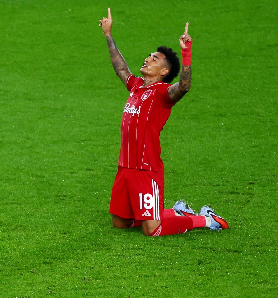 Igor Jesus of Nottingham Forest celebrates scoring a goal.
