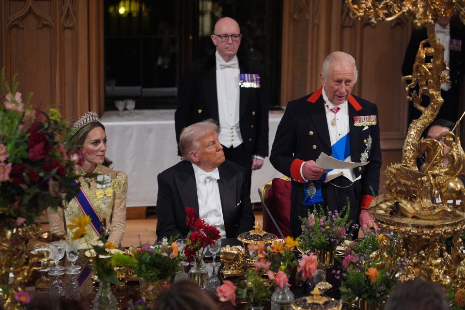 King Charles III delivers a speech at a state banquet at Windsor Castle while US President Donald Trump and the Princess of Wales listen.