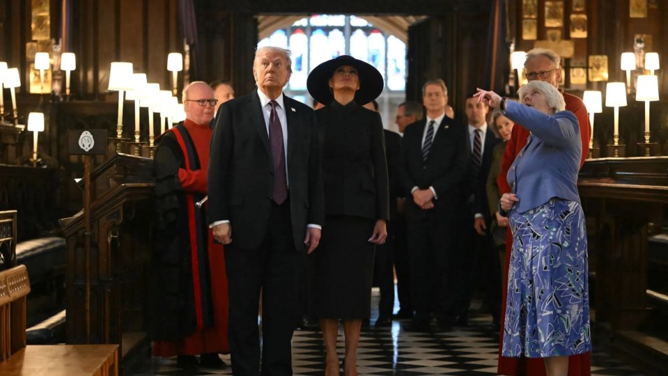 An image collage containing 1 images, Image 1 shows US President Donald Trump and US First Lady Melania Trump tour the quire of St George's Chapel with Chapter Clerk Charlotte Manley at Windsor Castle