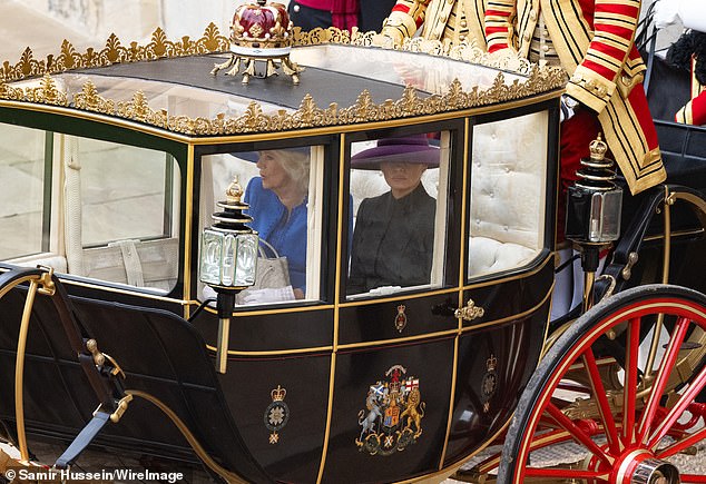 First Lady Melania Trump and Queen Camilla during the State visit by the President of the United States of America at Windsor Castle on September 17, 2025 in Windsor, England