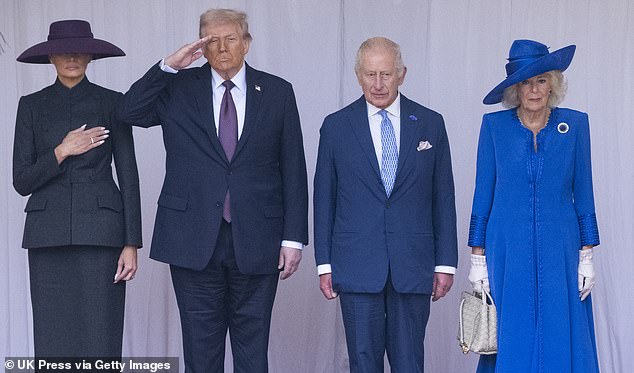 King Charles III and Queen Camilla with First Lady Melania Trump and U.S. President Donald Trump attend the Ceremonial Welcome during the State visit by the President of the United States of America at Windsor Castle on September 17, 2025 in Windsor, England