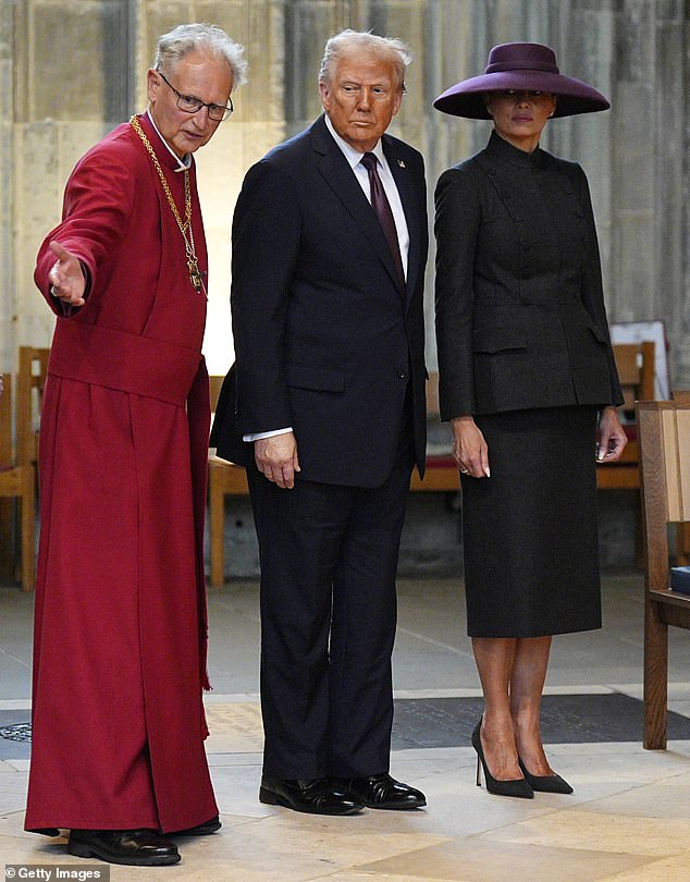 Pictured at St. George's Chapel: Melania paired the designer suit with a pair of black heels
