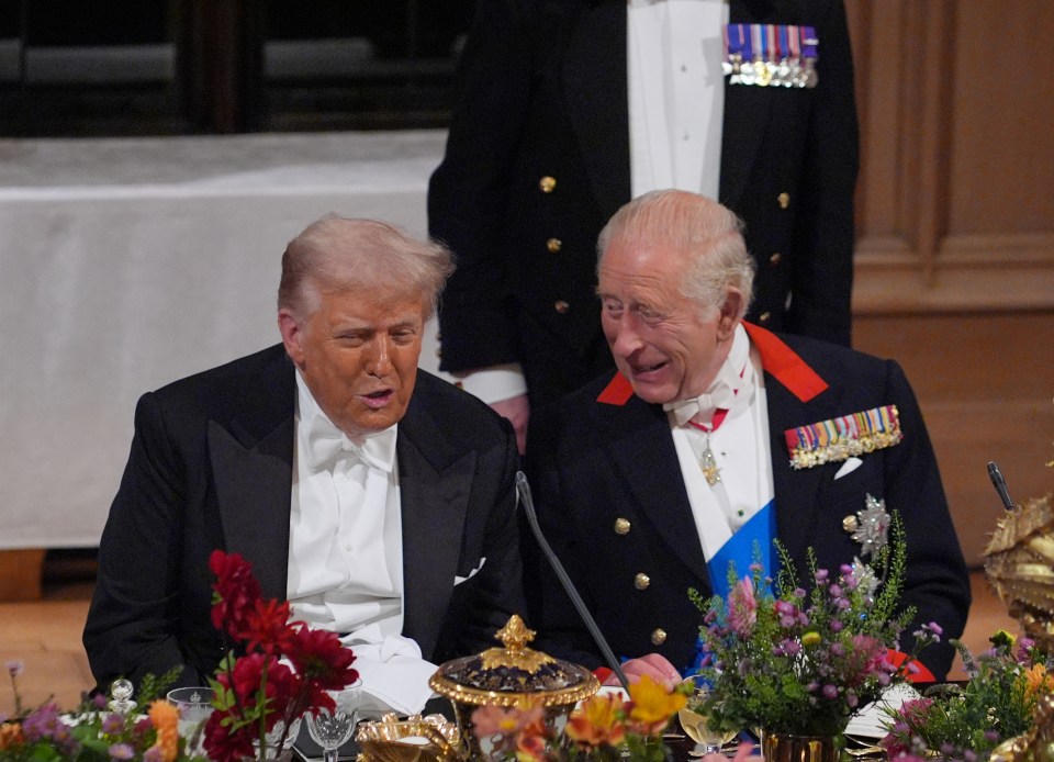 Donald Trump speaking to King Charles III at a state banquet at Windsor Castle.