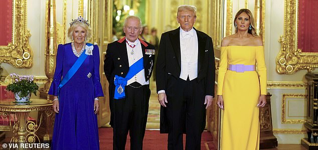 King Charles and Queen Camilla stand with U.S. President Donald Trump and First Lady Melania Trump at the state banquet at Windsor Castle, in Windsor, Britain, September 17, 2025.    Aaron Chown/Pool via REUTERS