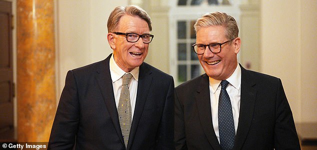 WASHINGTON, DC - FEBRUARY 26: British Prime Minister Keir Starmer (R) talks with Britain's ambassador to the United States Peter Mandelson during a welcome reception at the ambassador's residence on February 26, 2025 in Washington, DC. British Prime Minister Keir Starmer is on his first visit to Washington since US President Donald Trump returned to the White House. Starmer's trip comes shortly after he announced an increase in UK defence spending, ostensibly as a signal to Trump that the UK is prepared to bolster Europe's security, and as he aims to broker a fair peace deal for Ukraine amid Trump's warming relations with Russia. (Photo by Carl Court/Getty Images)