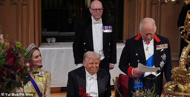 King Charles III delivers his speech as US President Donald Trump and the Princess of Wales listen during the state banquet for the US President and First Lady Melania Trump at Windsor Castle, Berkshire, on day one of their second state visit to the UK. Picture date: Wednesday September 17, 2025. PA Photo. Photo credit should read: Yui Mok/PA Wire