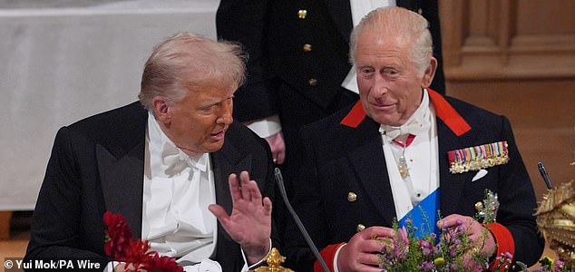 US President Donald Trump and King Charles III at the state banquet for the US President and First Lady Melania Trump at Windsor Castle, Berkshire, on day one of their second state visit to the UK. Picture date: Wednesday September 17, 2025. PA Photo. Photo credit should read: Yui Mok/PA Wire
