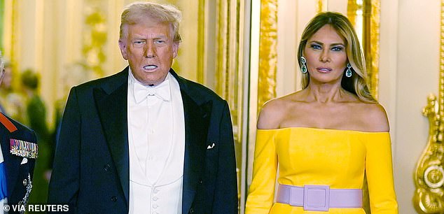U.S. President Donald Trump and First Lady Melania Trump arrive for the state banquet at Windsor Castle, Berkshire, on day one of US President Donald Trump and First Lady Melania Trump's second state visit to the UK, Wednesday September 17, 2025.    Aaron Chown/Pool via REUTERS