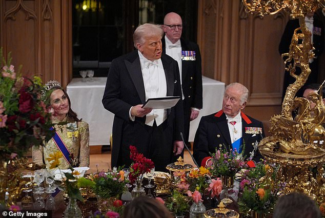 US President Donald Trump delivered his speech last night as King Charles III and the Princess of Wales listen during the state banquet at Windsor Castle for his state visit