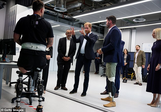 Prince Harry in London on September 10 where he met Steve Arnold, who lost both his legs in an IED blast in Afghanistan in 2011 and took part in the 2014 and 2017 Invictus Games