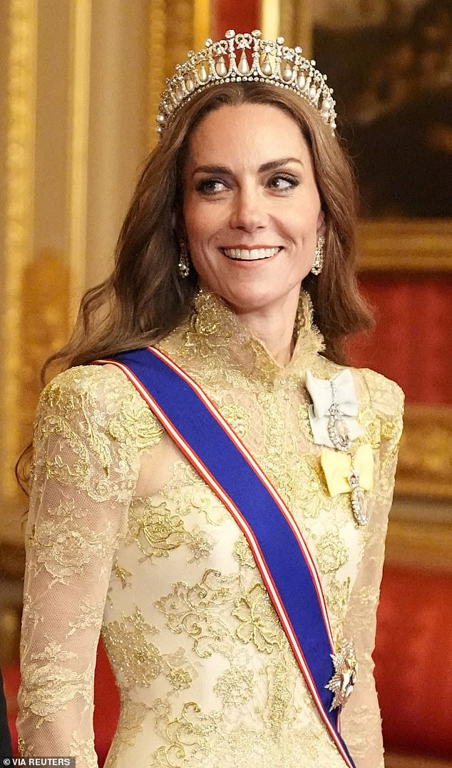 Kate wore the famous Lover's Knot tiara which was once owned by Princess Diana. The headpiece was made by Royal jewellers Garrard in 1914 to Queen Mary's personal design