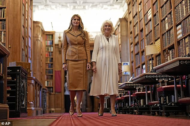 Melania Trump and Queen Camilla visit the Royal Library at Windsor Castle this morning