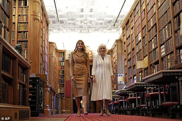 Melania Trump and Queen Camilla visit the Royal Library at Windsor Castle this morning