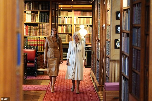 Melania Trump and Queen Camilla visit the Royal Library at Windsor Castle this morning