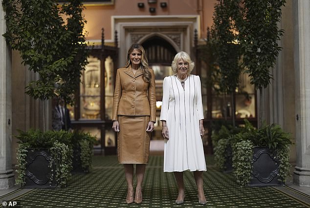 Melania Trump and Queen Camilla visit the Royal Library at Windsor Castle this morning