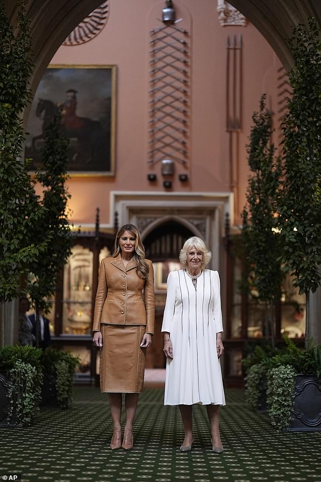 Melania Trump and Queen Camilla visit the Royal Library at Windsor Castle this morning