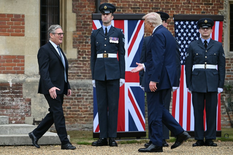 Britain's Prime Minister Keir Starmer greeting US President Donald Trump outside Chequers.