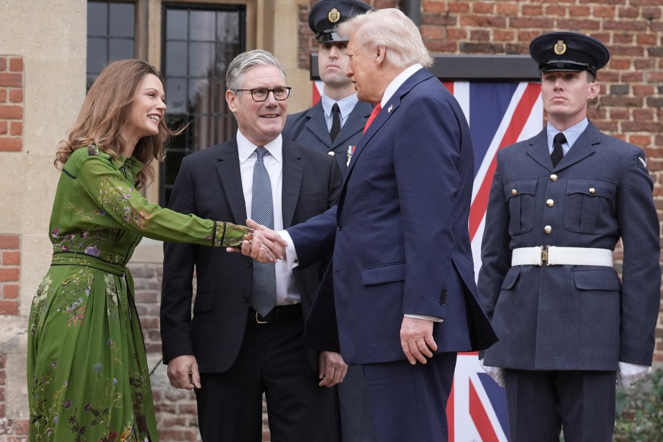 President Trump, Prime Minister Starmer, and Victoria Starmer shaking hands.