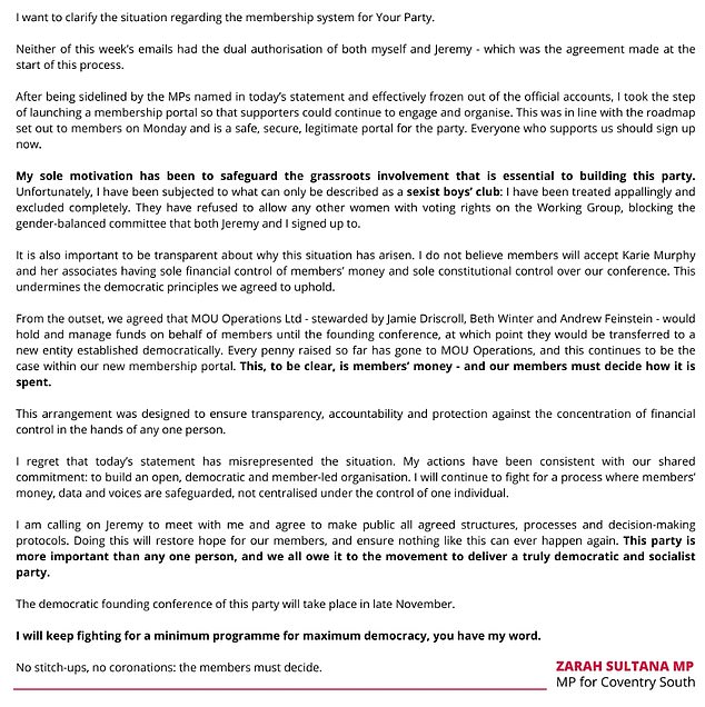 Ms Sultana's statement in which she attempted to 'clarify' the process for becoming a Your Party member