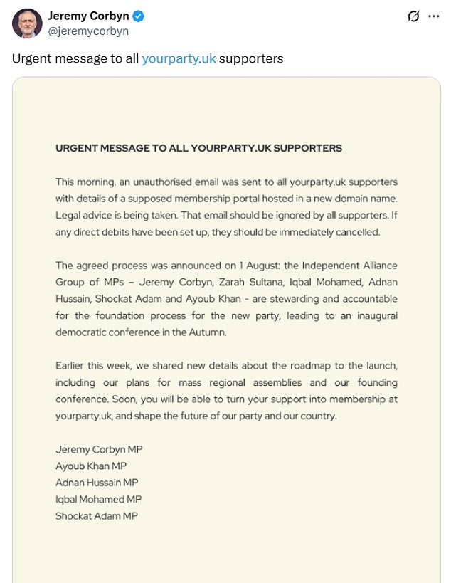 But Mr Corbyn issued an 'urgent message' telling supporters to immediately cancel any direct debits