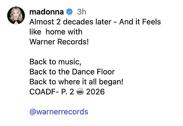 'It feels like home with Warner Records!' she declared on Instagram Thursday. 'Back to music, Back to the Dance Floor Back to where it all began!'