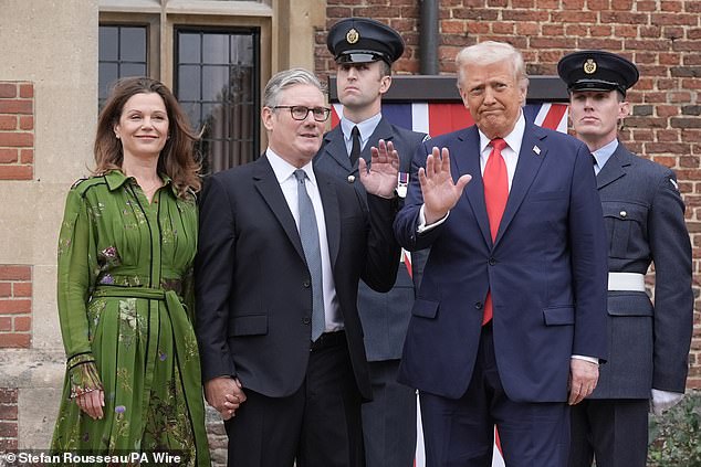 Sir Keir's wife Lady Victoria joined him in greeting Mr Trump at the entrance to Chequers, as they gave an awkward wave for the cameras