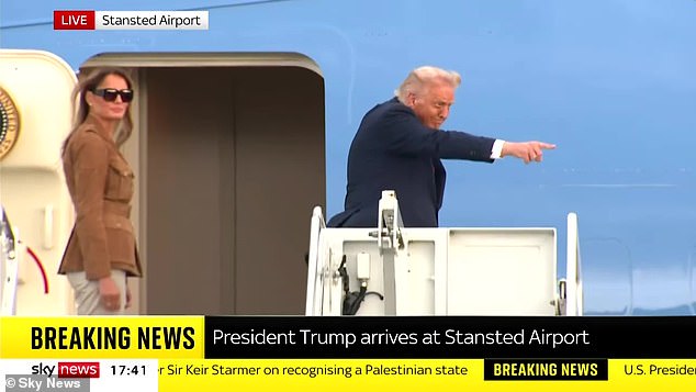 Trump points to someone on the tarmac. His departure brings his historic second state visit to a close