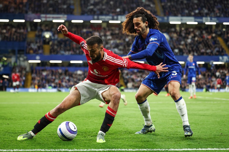 Manchester United's Moroccan defender Noussair Mazraoui fights for the ball with Chelsea's Spanish defender Marc Cucurella.