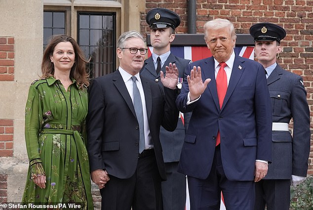 Sir Keir's wife Lady Victoria joined him in greeting Mr Trump at the entrance to Chequers, as they gave an awkward wave for the cameras