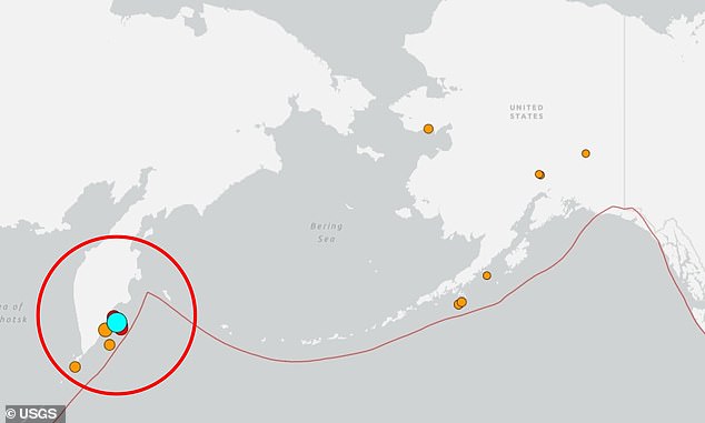 The earthquake (blue dot) struck near Russia's Petropavlovsk-Kamchatsky region at 2:58pm ET