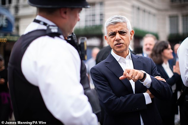 The London Mayor (pictured in July 2025 speaking with Met Police officers) had continued his bitter feud with Trump before his arrival for a historic state visit in a fresh attack