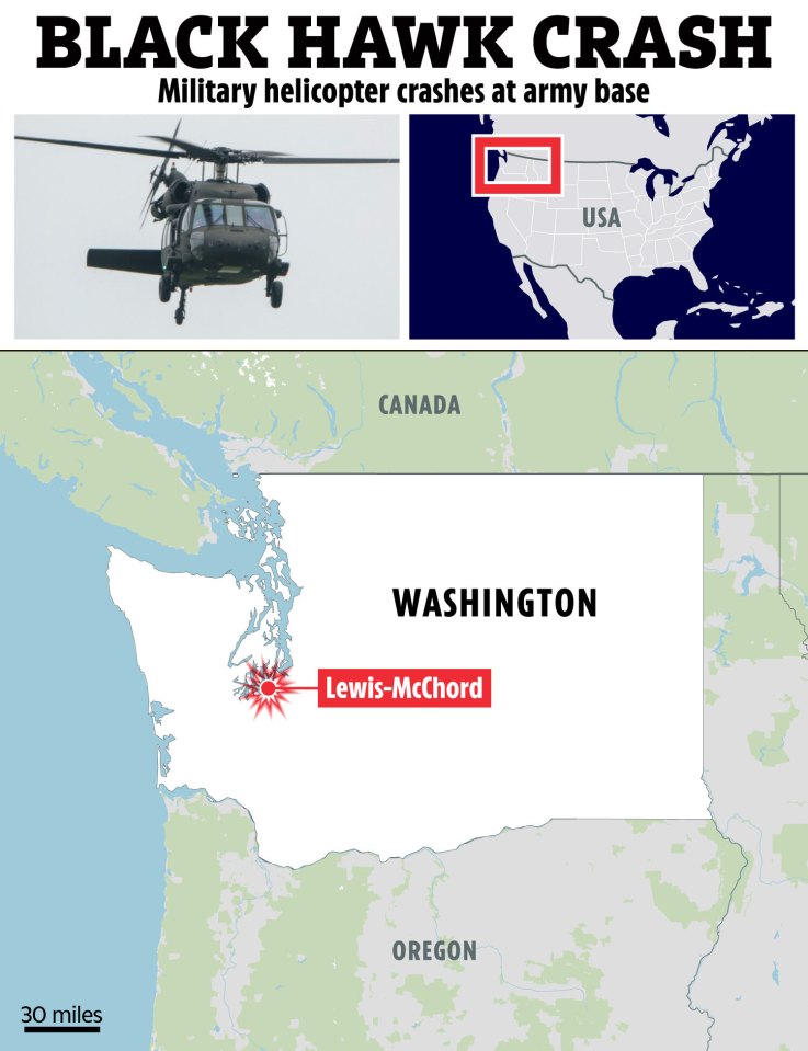 Collage of a Black Hawk helicopter and a map showing a military helicopter crash at Lewis-McChord, Washington.