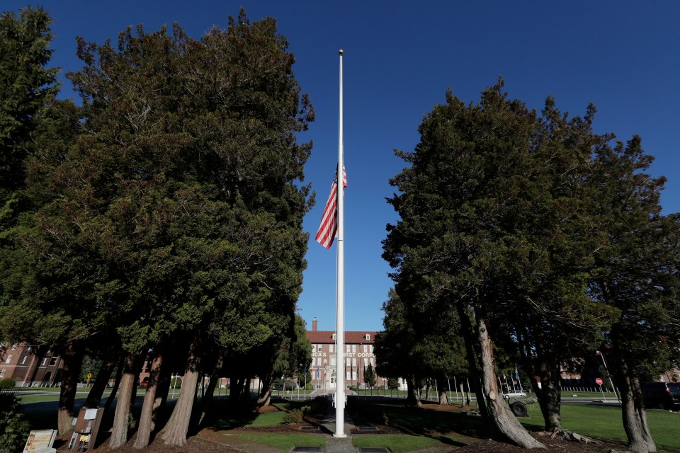US flag flying at half-staff at the U.S. Army I Corps headquarters.