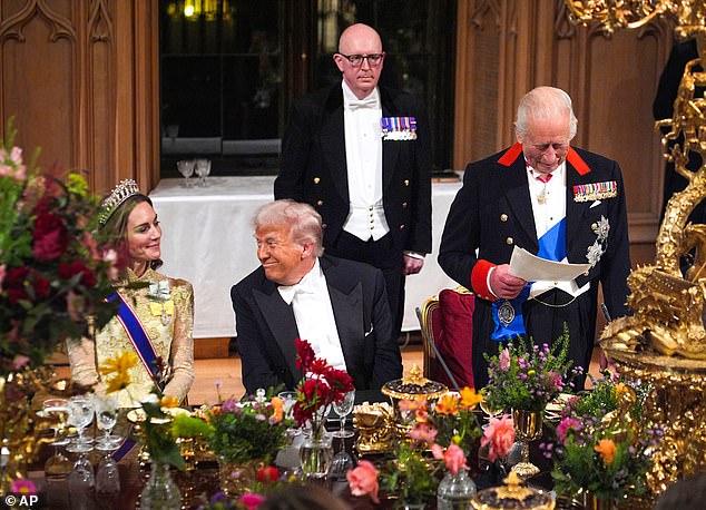 Trump is seen with the Princess of Wales and King Charles during the state banquet at Windsor Castle on Wednesday