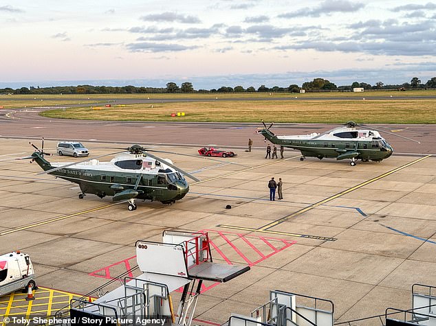 Mr Trump's helicopters, known as Marine One and Marine Two are seen at Luton Airport after having to make an emergency landing on Thursday