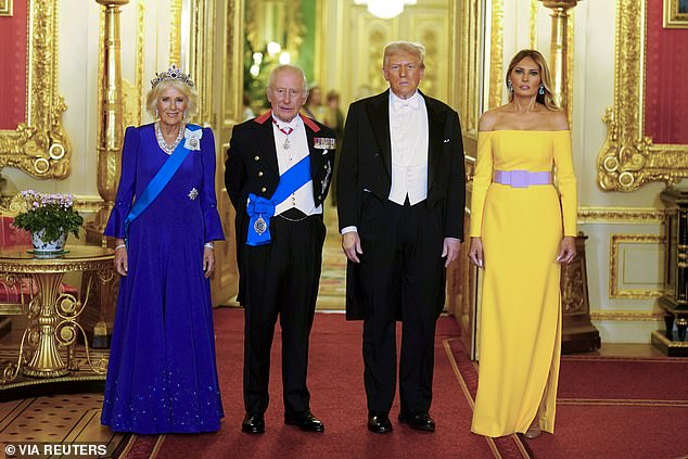 Pictrured on Wednesday: King Charles and Queen Camilla stand with US President Donald Trump and First Lady Melania Trump