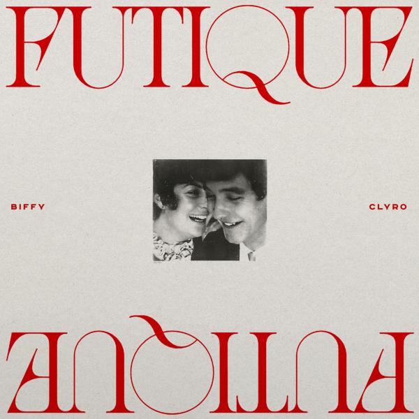 Album art for Biffy Clyro's single "Futique," featuring a black and white image of two smiling people, with the song title and band name in red text.