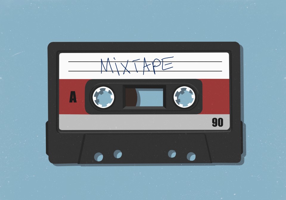 Illustration of a retro mix tape cassette labeled "Mixtape" with "A" and "90" visible.