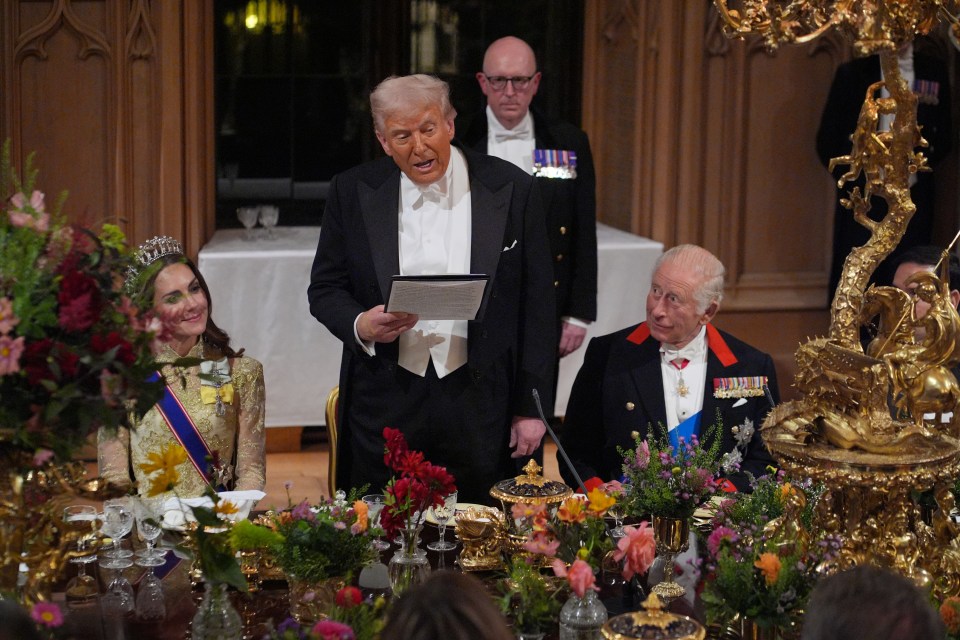 Donald Trump delivers a speech at a banquet at Windsor Castle as King Charles III and the Princess of Wales listen.