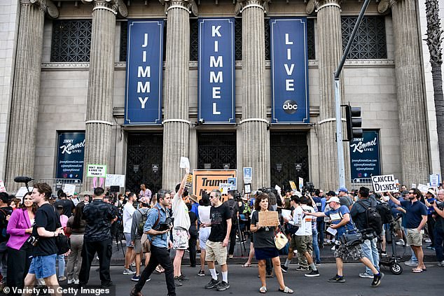 Protesters gathered outside the El Capitan Theater in Hollywood, where Jimmy Kimmel Live! is filmed, on Thursday