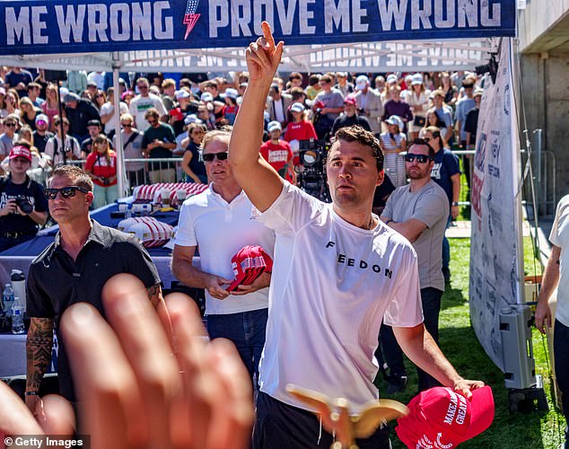 Kirk is pictured right before he was fatally shot on September 10 at Utah Valley University