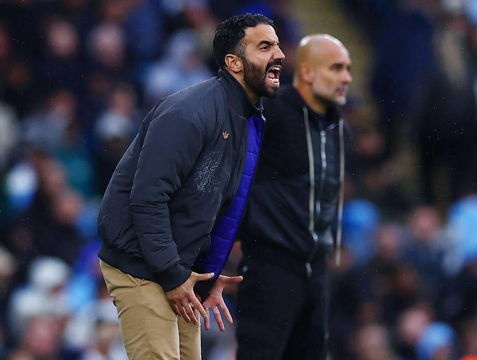 Manchester United manager Ruben Amorim shouts in anger next to Pep Guardiola.