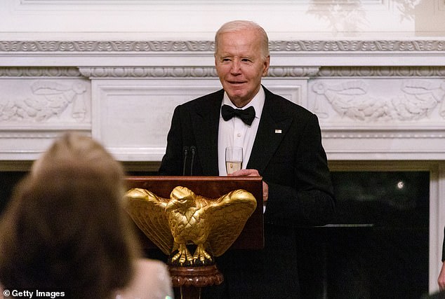 President Joe Biden delivers remarks during a black-tie dinner at the White House on February 24, 2024