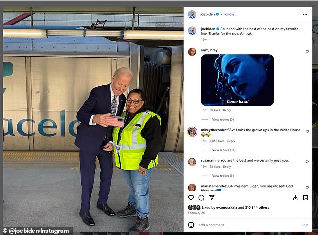 Joe Biden at an Amtrak station in February 2025 after leaving office