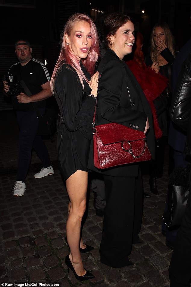 Pink-haired Lady Mary Charteris cosied up to Eugenie as they headed into the party