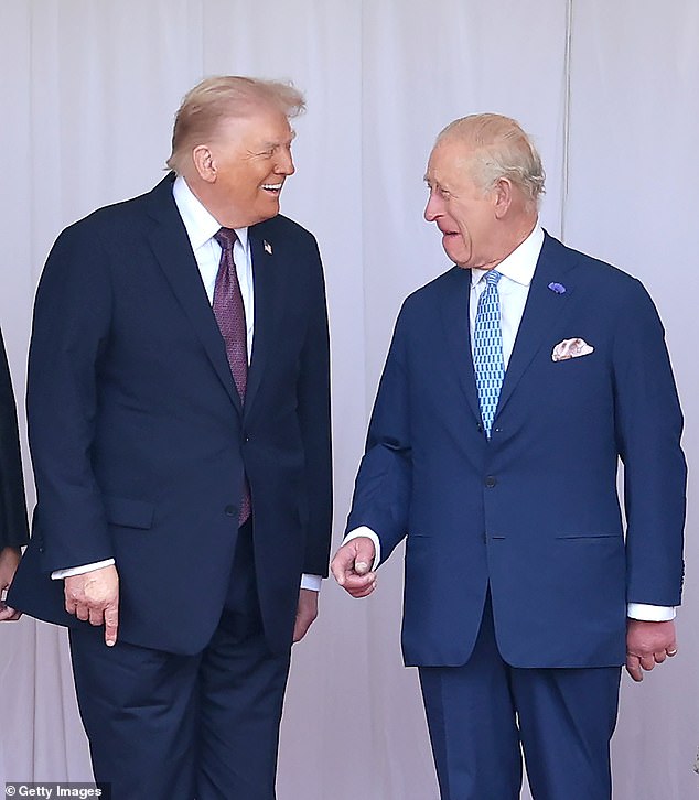 Donald Trump and the King smile together during the state visit in Windsor on Wednesday
