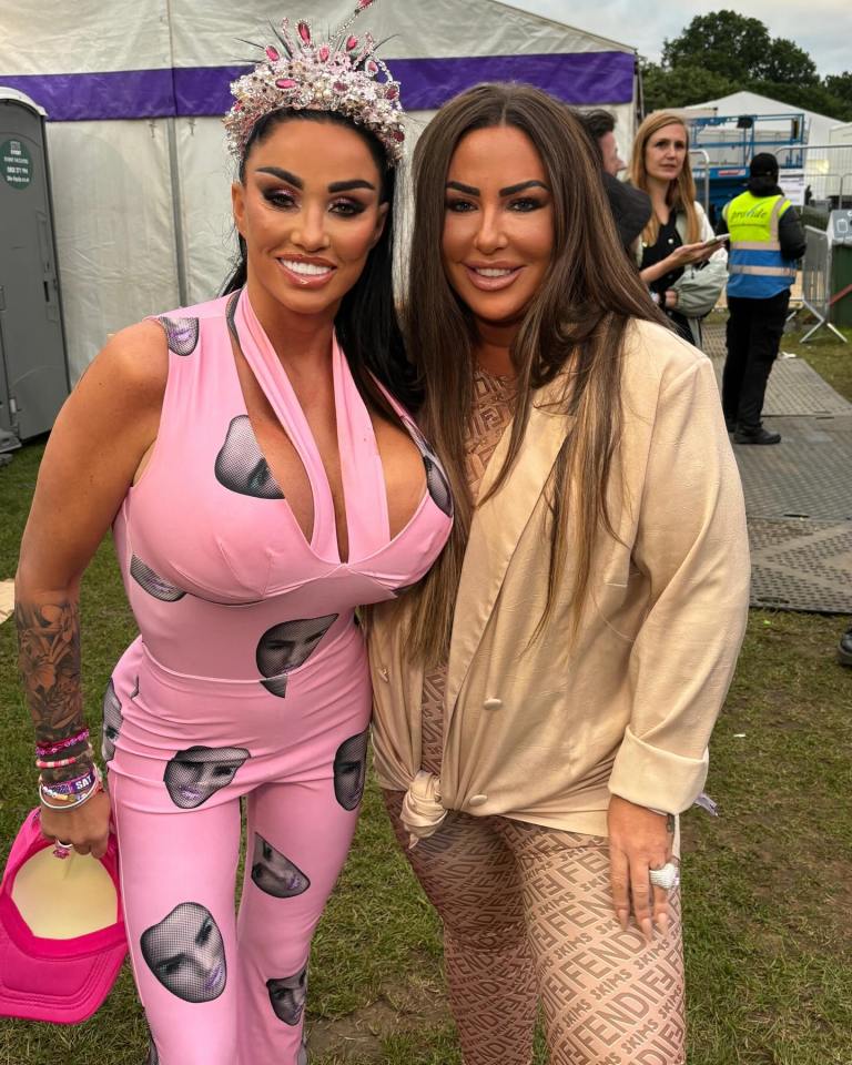 Katie Price and Lou Roy posing together outdoors.