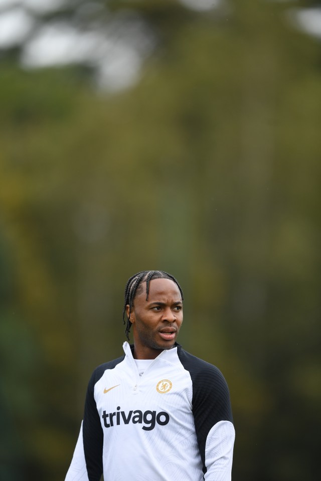 Raheem Sterling of Chelsea looks on during a training session.