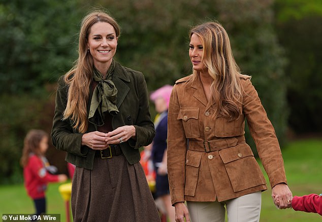 The Princess' khaki-forward outfit comprised of a ME+EM suede jacket and a Ralph Lauren midi skirt while Melania opted for trousers, a suede jacket and flat pumps
